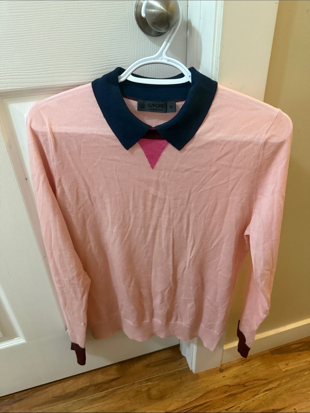 G/FORE Pink Crewneck Sweater with Navy Collar and Burgundy Accents